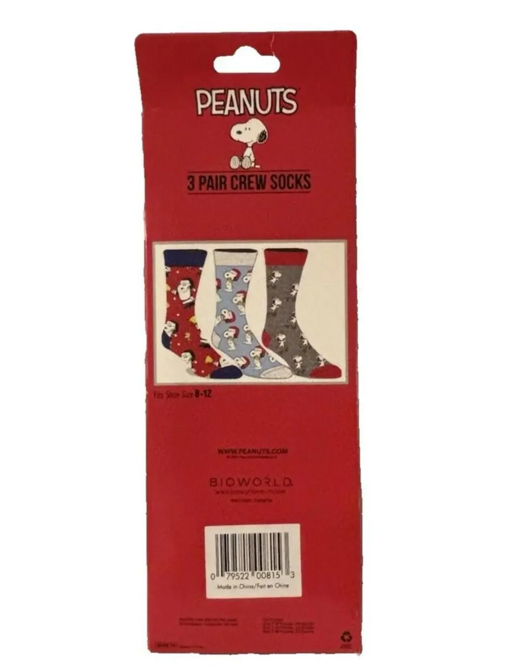 Bioworld Peanuts Snoopy Woodstock Holiday Crew Socks Men 8-12 Size Style 3 Pairs